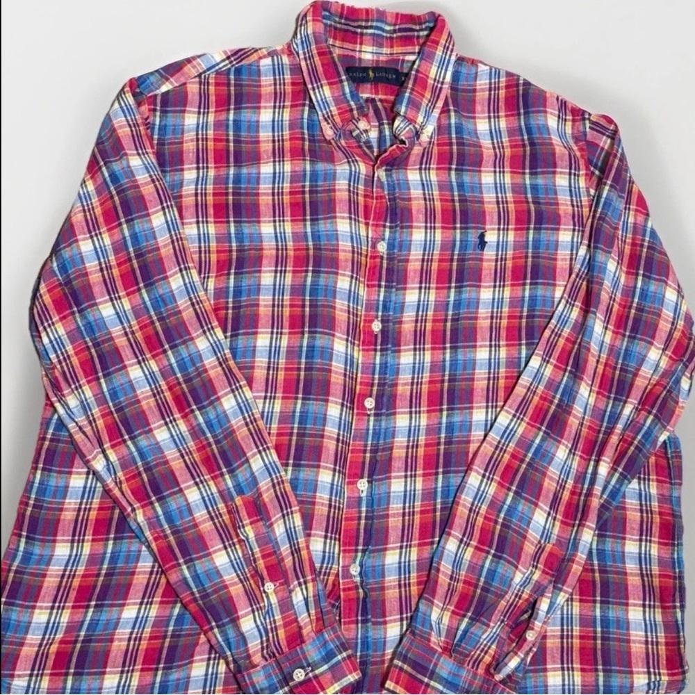 RALPH LAUREN Slim Men's XXL Plaid Multicolor Button-Down Logo Polo Red Blue Pink - Picture 1 of 9